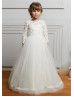 Three Quarter Sleeves Ivory Lace Tulle 3D Flowers Corset Back Flower Girl Dress